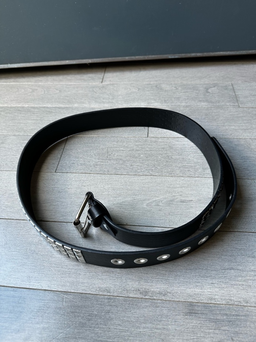 Belt Black W/Eyelet Grommet Silver Studded Punk Faux leather Belt Rivet Buckle - Picture 4 of 5